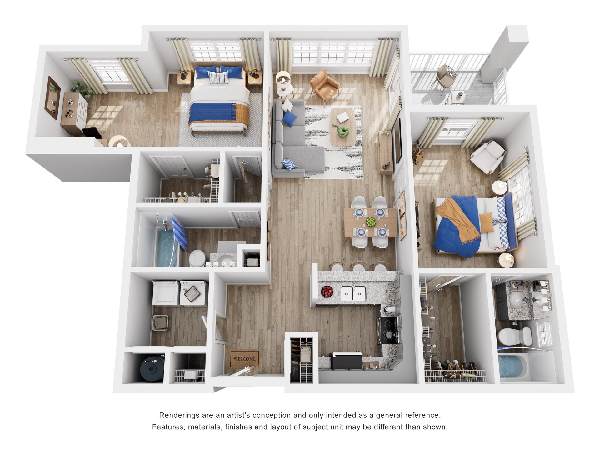 Floor plan for 2 beds, 2 baths, 1272 sqft